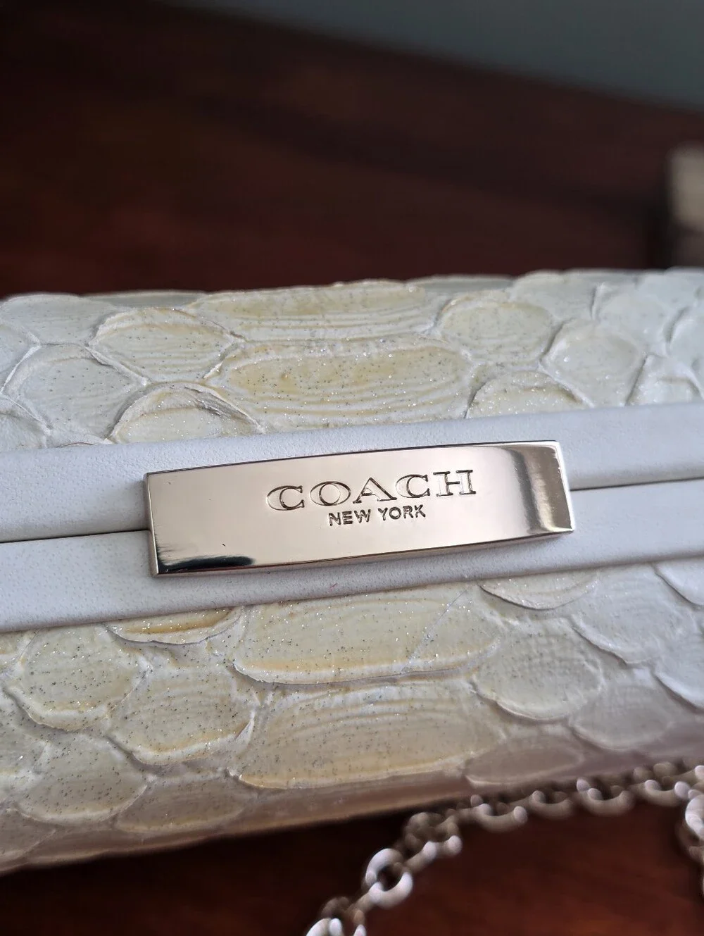 Coach Madison Pinnacle 51550 Ivory Python Embossed Leather Minaudiere Clutch